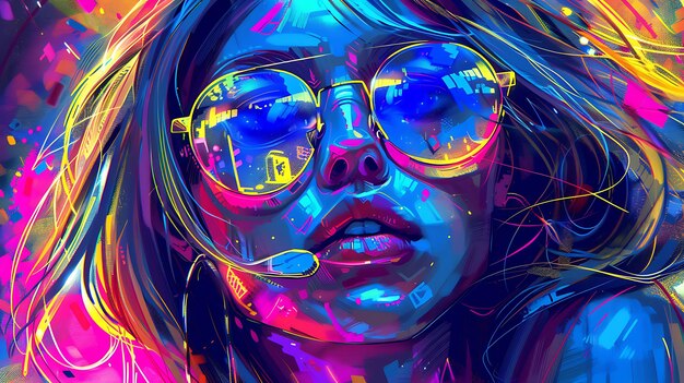 Stylish Girl in Neon Glow with Futuristic Blue Cyberpunk Sunglasses Portrait Look