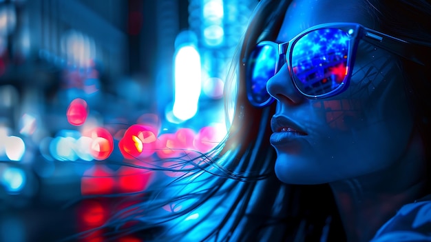 Photo stylish girl in neon glow with futuristic blue cyberpunk sunglasses portrait look