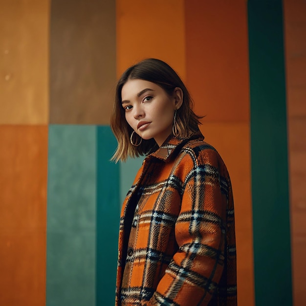 Stylish Girl in plaid coat posing on orange wall