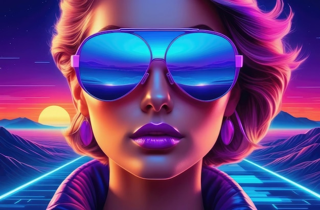 Stylish girl in sunglasses with 80s retro vibe 3D virtual reality landscape in 1980s style