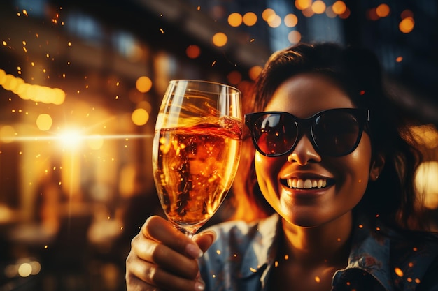 Stylish girl with fashionable eyeglasses enjoying a glass of exquisite red wine at a social event