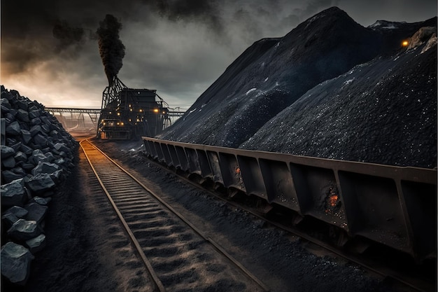 Stylish gloomy wallpaper illustrating Bituminous coal in a coal mine high resolution illustration resources atmospheric emissions work conveyor belt energy rails coal burning health AI