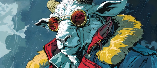 Stylish goat in aviator jacket and sunglasses illustration perfect for modern urban and fashionable