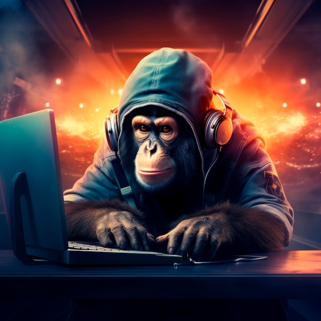 Stylish gorilla IT specialist wearing headphones Monkey programmer working at laptop futuristic spac