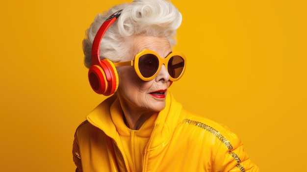 Stylish grandmother in a tracksuit with glasses and headphones Healthy lifestyle in old age Positive old woman Yellow background AI generated