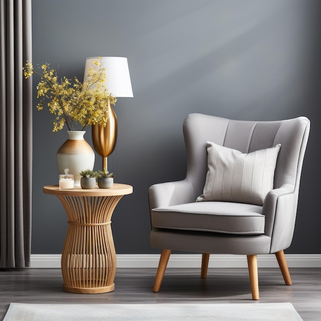 A stylish gray armchair with a white lamp and a vase of yellow flowers on a round wooden table beside it