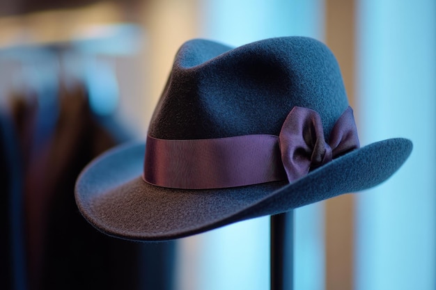 Photo stylish gray fedora with a purple ribbon displayed elegantly in a boutique setting