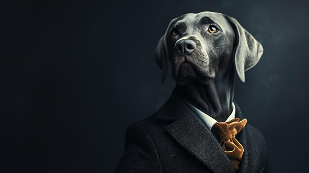 Photo a stylish grey dog wearing a black suit and brown bow tie