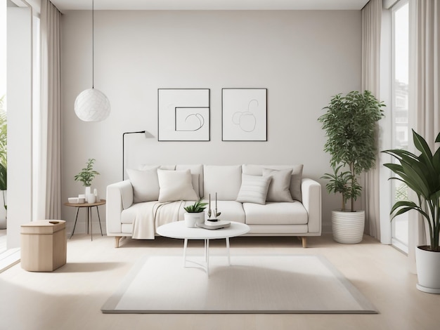 Stylish guest room interior with pink armchair and sofa