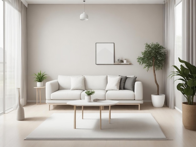 Stylish guest room interior with pink armchair and sofa