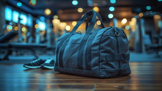 Photo stylish gym bag in modern fitness center generative ai