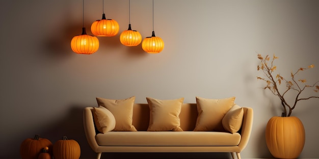 Photo stylish halloween decor with pumpkins and cozy lighting in modern interior