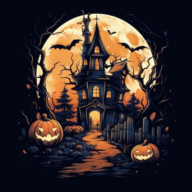 Stylish Halloween vector tshirt design white background spooky haunted house bats