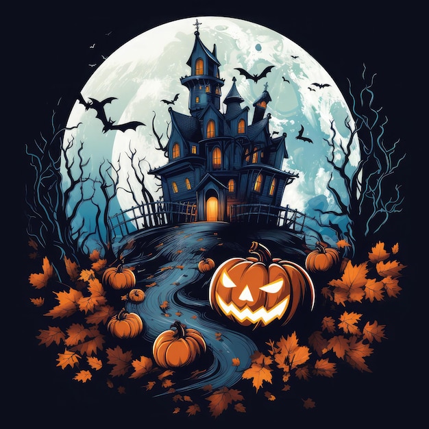 Stylish Halloween vector tshirt design white background spooky haunted house bats