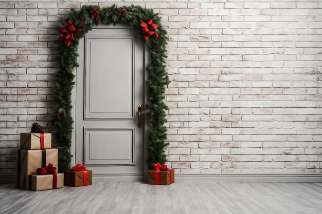 Stylish hallway interior with decorated door and Christmas gifts space for text generative ai