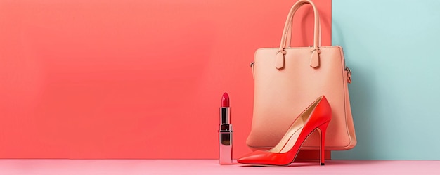 Stylish handbag and red high heels placed on a pink surface with a blue and pink backdrop