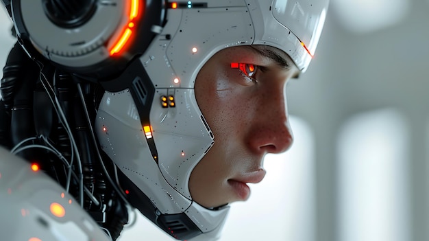 Photo stylish handsome cyborg head in profile futuristic man