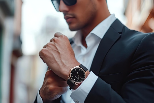 Photo stylish and handsome latin businessman checking the time on his watch in city