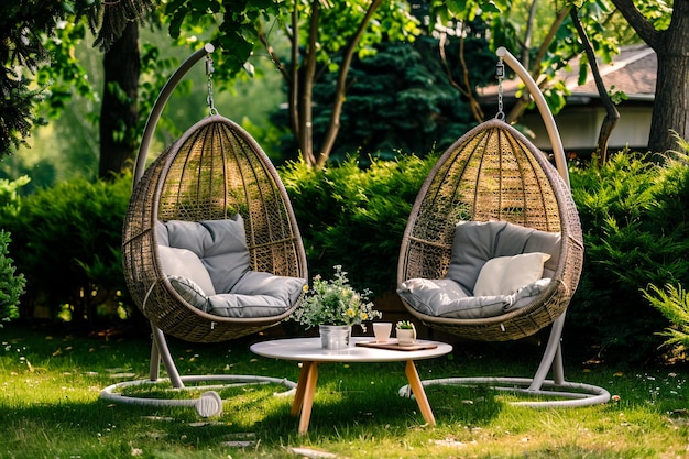 Photo stylish hanging chairs in serene natureinspired settings for ultimate relaxation and comfort