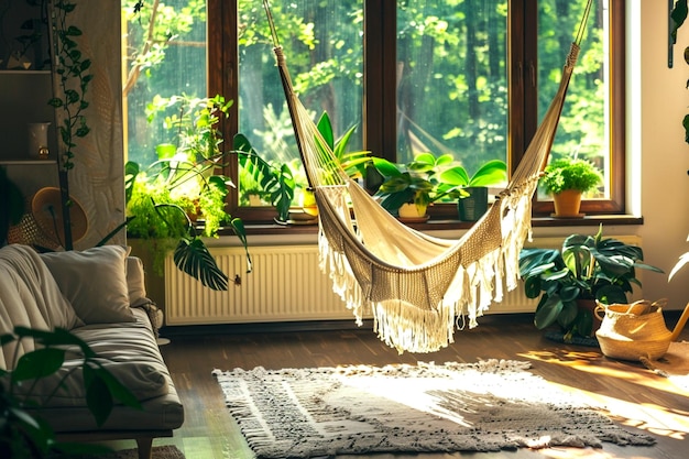 Photo stylish hanging chairs in serene natureinspired settings for ultimate relaxation and comfort