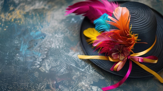 A stylish hat with colorful feathers against an artistic textured background