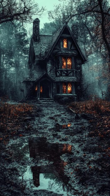 Photo stylish haunted house in dark forest with spooky atmosphere dark scene overgrown path halloween theme