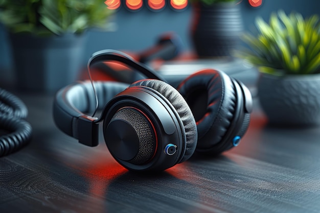 Stylish headphones resting on vibrant table