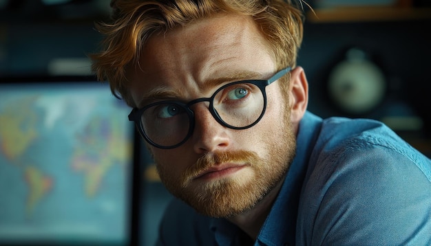 Photo stylish hipster man in blue shirt with glasses professional and modern look portrait photography