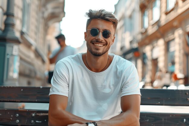 Photo stylish hipster model in sunglasses sitting on bench