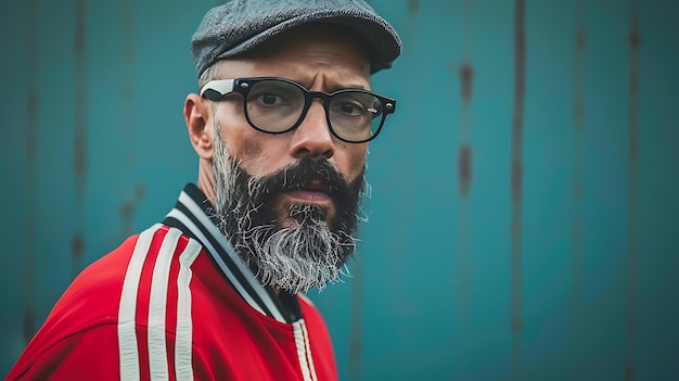 Photo stylish hipster model in vintage 90s tracksuit with beard and glasses