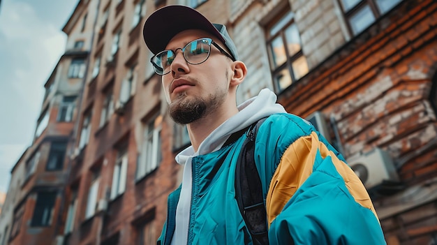 Photo stylish hipster model in vintage 90s tracksuit with beard and glasses