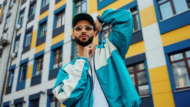 Photo stylish hipster model in vintage 90s tracksuit with beard and glasses