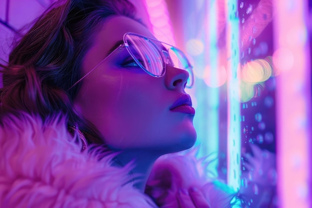 Photo stylish hipster teen girl in glasses on neon lit street