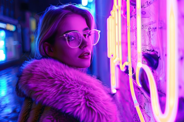 Photo stylish hipster teen girl posing in neon lights fashion