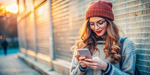 Stylish Hipster Woman Using Smartphone with Copy Space Background