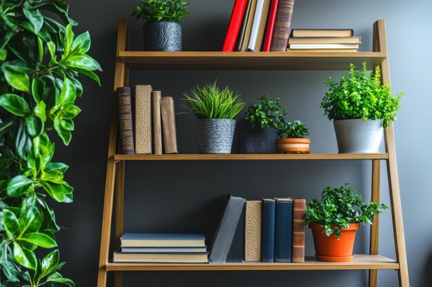 Photo stylish home bookshelf display with green plants and colorful books on a wooden shelf