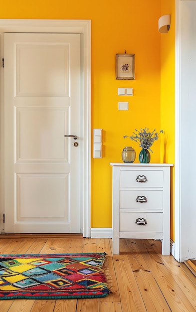 Stylish home entrance with door and console bright yellow walls wooden floor with colorful doormat white chest of drawers near the wall modern interior design closeup shot soft daylight