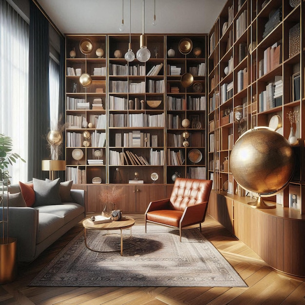 A stylish home library showcasing a midcentury modern aesthetic interior design