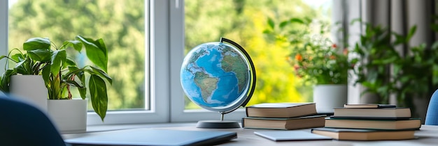 Stylish home office featuring books and a globe