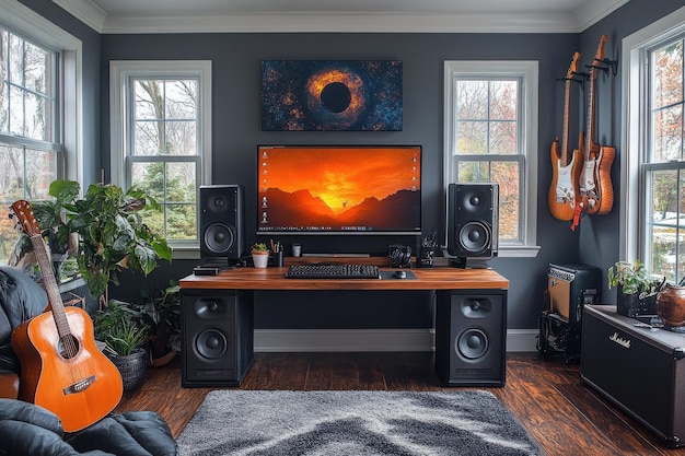 Photo stylish home office with anthracite walls and honey maple accents featuring guitars and widescreen