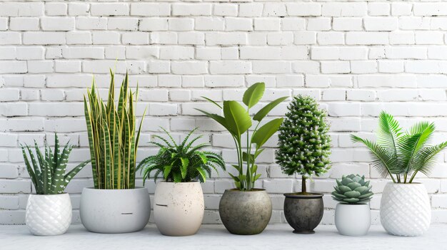 Photo stylish houseplants arranged near white brick wall