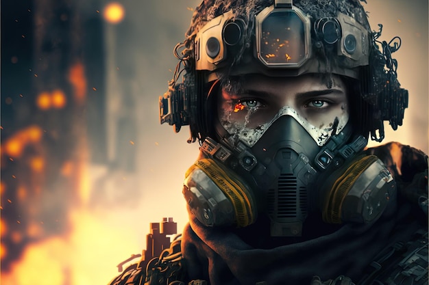 Stylish illustration of a female soldier in modern military equipment look strength honor courage tasks risk danger on the verge an explosion behind your back a respirator polluted air AI