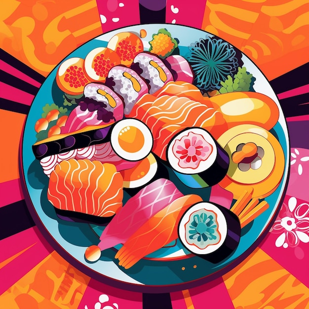 stylish illustration of a sushi plate full of color