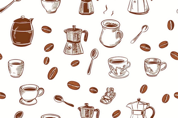 Photo stylish illustrative coffee pattern cups spoons coffee makers coffee beans brown drawn seamless pattern