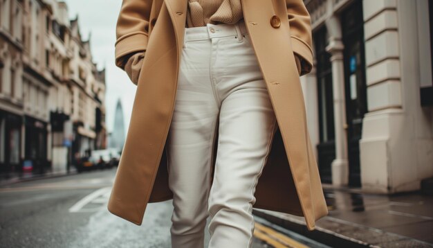 Photo stylish individual in beige coat and white pants walking on a city street