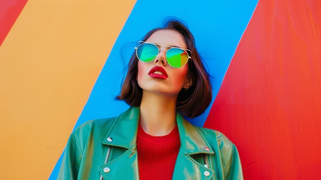 Photo a stylish individual in a green jacket and reflective sunglasses poses confidently against a colorful wall