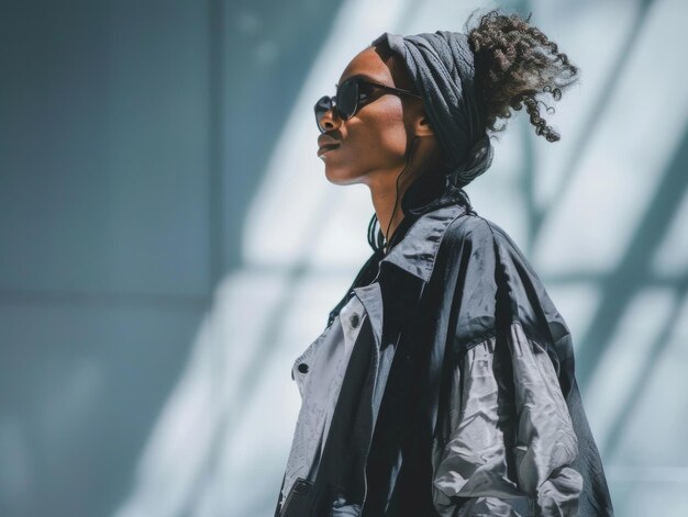 Photo stylish individual wearing sunglasses and a headscarf poses confidently in an urban setting during d