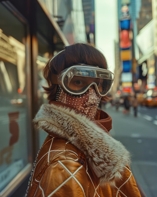 Photo a stylish individual with unique glasses strolls through a bustling times square on a vibrant afternoon