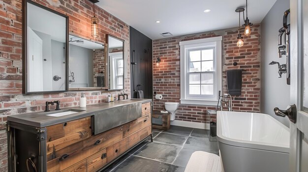 Photo a stylish and industrial bathroom featuring exposed brick elements