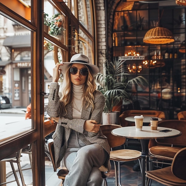 Photo stylish influencer posing in a trendy coffee shop capturing urban chic